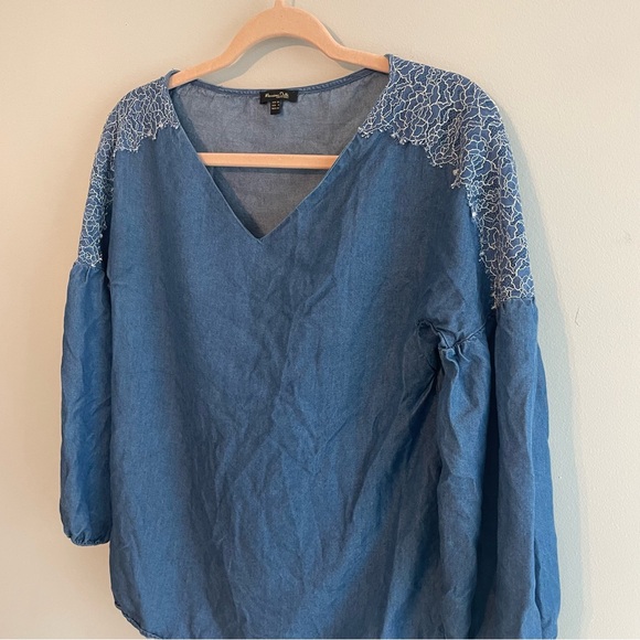 MASSIMO DUTTI Chambray Lace Balloon Sleeve Blouse - Blue Size 4 - Picture 6 of 12